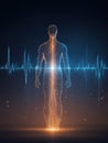 Digital Representation of a Human Silhouette With Glowing Lines and Heartbeat Pattern on a Dark Background Royalty Free Stock Photo
