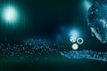 Digital representation of a humanlike figure interacting with gears, symbolizing innovation and technology. 3d rendering