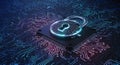 A digital representation of a padlock sits atop a microchip, symbolizing
