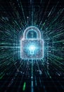 A digital representation of a padlock symbol, signifying security, is set in a virtual Royalty Free Stock Photo