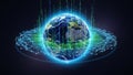 Digital representation of planet Earth surrounded by a glowing network of data streams and binary code Royalty Free Stock Photo