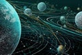 Digital Representation of a Planet Surrounded by Orbiting Satellites and Wireframe Landmass Showcasing Data Flow and Royalty Free Stock Photo