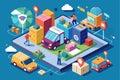 A digital representation of smart delivery logistics with vehicles and packages in a bustling urban setup, Smart delivery concept Royalty Free Stock Photo