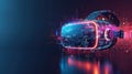 A digital representation of a virtual reality headset with glowing neon lines and cybernetic data elements on a dark background