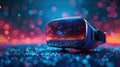 A digital representation of a virtual reality headset with glowing neon lines and cybernetic data elements on a dark background