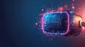 A digital representation of a virtual reality headset with glowing neon lines and cybernetic data elements on a dark background