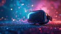 A digital representation of a virtual reality headset with glowing neon lines and cybernetic data elements on a dark background