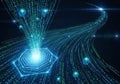 Binary code streams in green and blue, arching across a dark Royalty Free Stock Photo