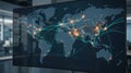 Digital world map with interconnected nodes and lines representing global data flow, displayed on a large screen in a modern Royalty Free Stock Photo