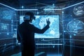 Digital Revolution: Exploring Blockchain and Cyber Technology with a VR-Clad Businessman. AI Generated.