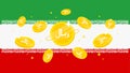 Digital Rial coins on Iran flag background. Central Bank Digital Currency CBDC concept banner background.