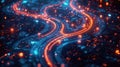 Digital roadmap for organizational change. Dynamic network of glowing lines, symbols. Represents modern tech business strategies