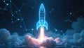 Digital rocket launches from dark tech background. Blue wireframe spacecraft takes off with bright flame, clouds below. Future Royalty Free Stock Photo