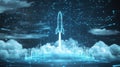 Digital rocket launching from futuristic platform through cloud computing network Royalty Free Stock Photo