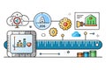 Digital ruler measuring data flow with visual graphics of charts, tools, and futuristic icons in vibrant colors on white