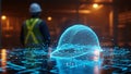 Digital safety helmet concept with worker in background, futuristic construction Royalty Free Stock Photo