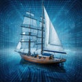Digital sailing ship in a blue world with binary code and glowing lines Royalty Free Stock Photo