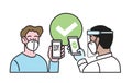 Digital sanitary covid pass check- Man wearing FFP2 KN95 mask showing smartpone screen