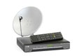Digital satellite receiver with satellite dish, telecommunications concept. 3D rendering