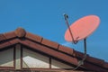 Digital satellite television receiving dish setting on top of house roof with blue sky in background. Royalty Free Stock Photo