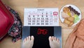 Digital scales with female feet on them and sign omg and vacation accessories Royalty Free Stock Photo