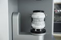 Digital scan of plaster teeth model in modern 3D scanner. Smart perfect technologies in modern dentistry.