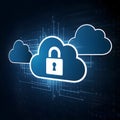 Cloud with padlock, binary code backdrop, emphasizing cloud computing and data security Royalty Free Stock Photo