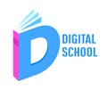 Digital School Isometric Banner. Book or Textbook in Shape of Letter D. Distance Learning, Online Education Courses