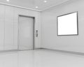 Digital screen banner and blank doors for elevator lobby branding template, 3D illustration. Royalty Free Stock Photo
