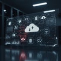 Digital screen displaying cloud computing icons and data-related symbols, set in a Royalty Free Stock Photo
