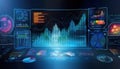 digital screen displaying detailed growth graph with colorful annotations surrounded by various data visualizations and charts, Royalty Free Stock Photo