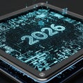Digital screen displaying futuristic circuit board with glowing 2026 text and binary code Royalty Free Stock Photo