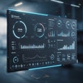 A digital screen displays a futuristic user interface with various data visualizations. Royalty Free Stock Photo