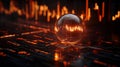A digital screen displays a glass globe visualizing global network and financial market data