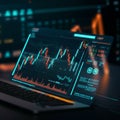 A digital screen displays stock market data including various line and candlestick