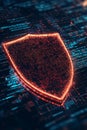 The digital screen's interface shows a cybersecurity hacker alert with a red warning symbol and a shield icon that Royalty Free Stock Photo