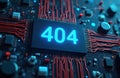Digital screen shows 404 error code on complex computer circuit board. Broken wires and microchips symbolize tech failure, data Royalty Free Stock Photo