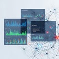 Digital screens display dynamic data charts and network connections for business analytics and technology insights Royalty Free Stock Photo
