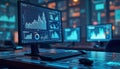 Digital screens display graphs for business process automation. Real-time data analysis, consumption monitoring shown on multiple Royalty Free Stock Photo