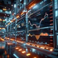 Digital screens display stock charts in futuristic trading environment