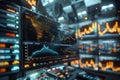 Digital screens display stock charts in futuristic trading environment