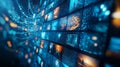 Digital screens display various images in futuristic setting showcasing vibrant visuals and intricate patterns scene evokes
