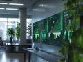 Digital screens displaying growth data in a tech-focused office