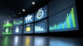 Digital screens show colorful graphs and data visualizations in a contemporary office setting. The sleek design enhances Royalty Free Stock Photo