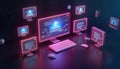 Digital screens showcase web page modules assembling on display. Modern computer tech concept. Web design studio workspace. Royalty Free Stock Photo