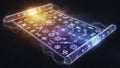 Digital Scroll with Glowing Symbols and Abstract Light Effects on Dark Background Royalty Free Stock Photo
