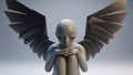 A digital sculpture of a melancholic figure with large, folded geometric wings, sitting in contemplation against a simple Royalty Free Stock Photo
