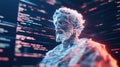 Digital sculpture resembling saint with glowing lines and data background