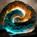 Digital sculpture of a swirling blue and orange vortex tornado of clouds water and fire