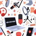 Digital seamless pattern, laptop tablet and microphone. Streaming service technology print, broadcast or live radio show